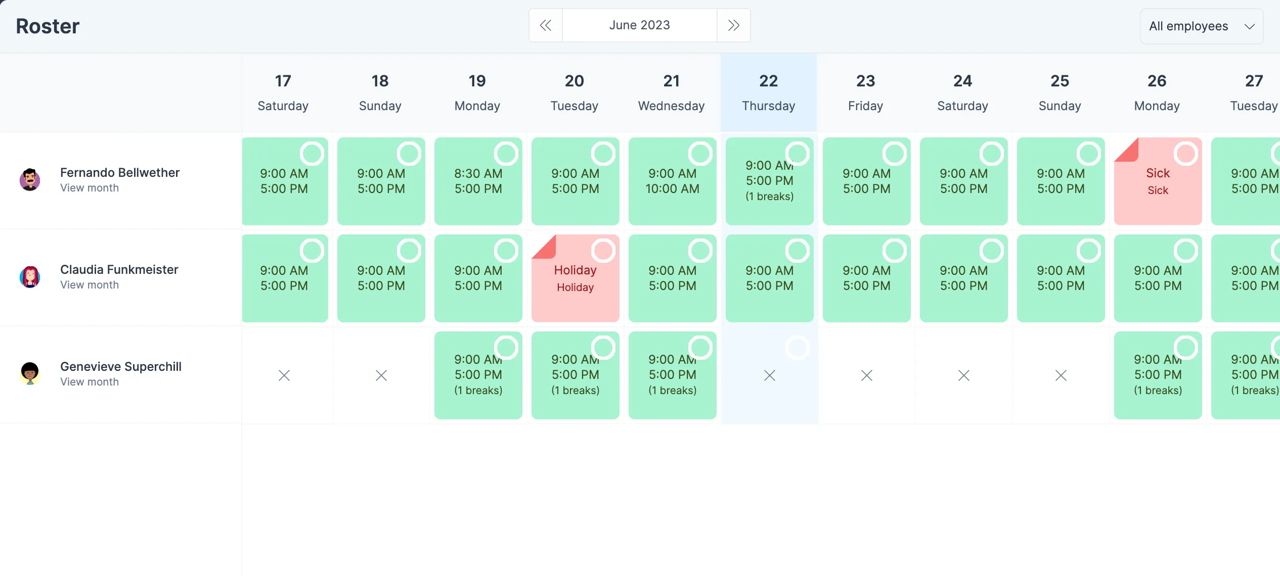 Managing employee working hours using the roster