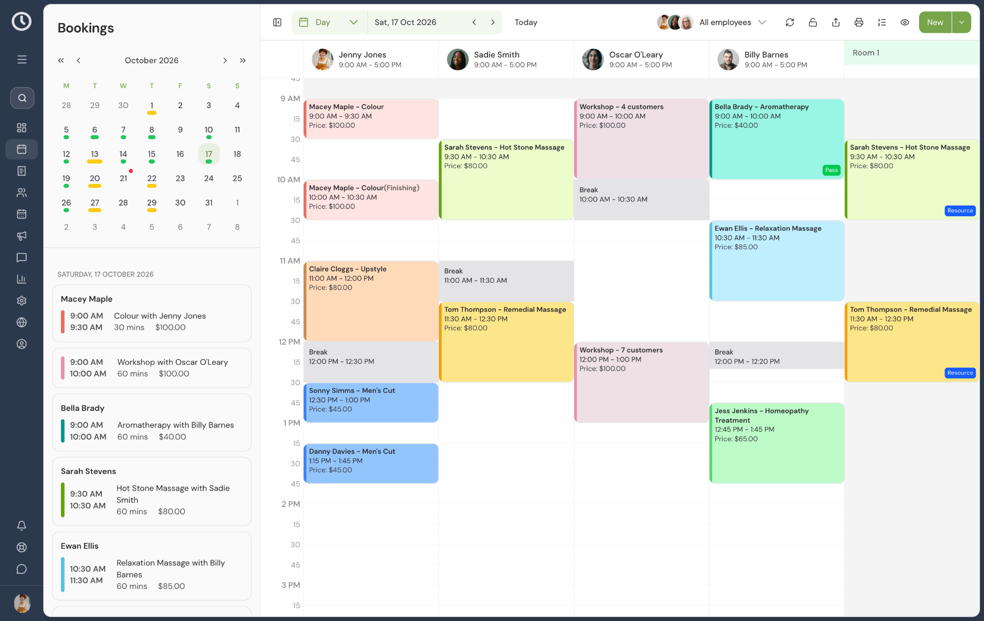 Ovatu's schedule view with employee columns, appointments and booking tools